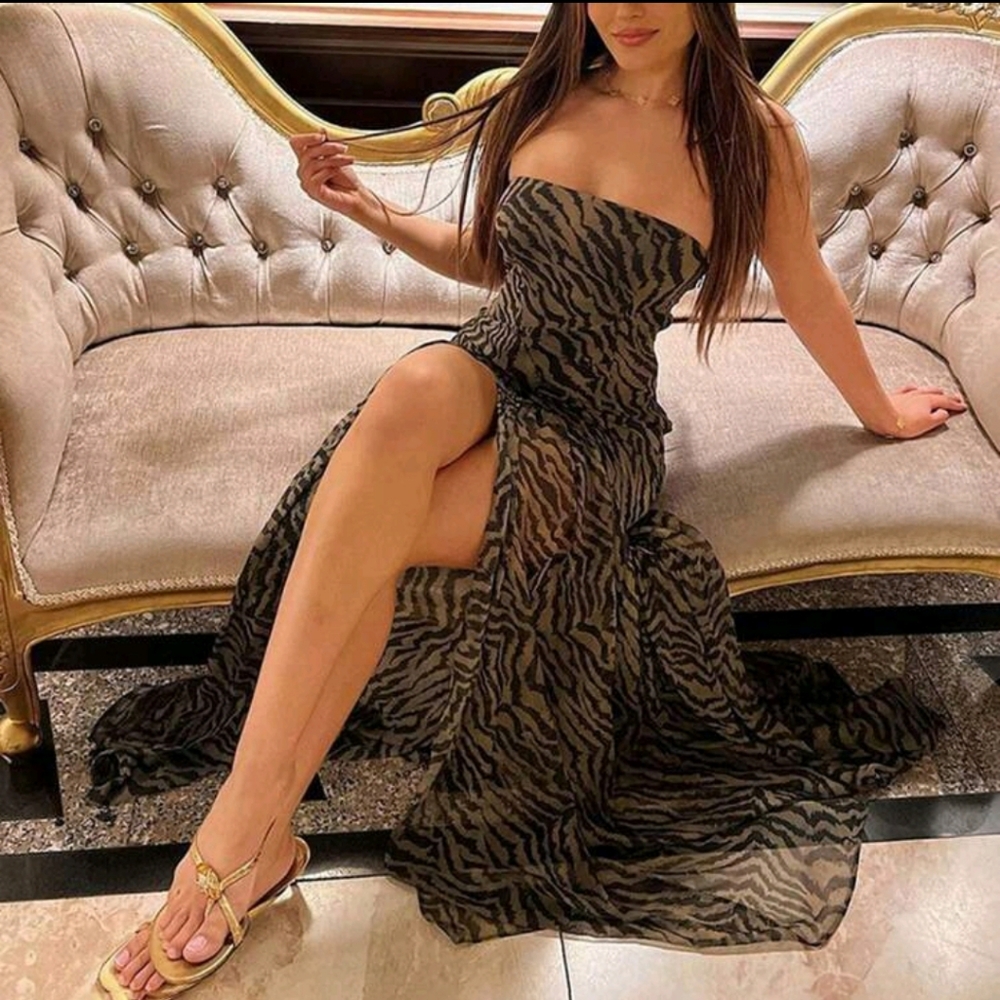 Women Tube Top Dress Slim Strapless Backless Mesh Patchwork Maxi Dress Leopard - Picture 7 of 10